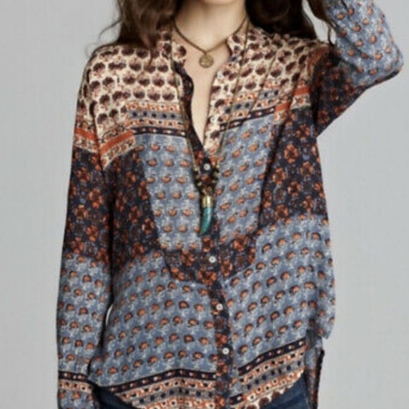 FREE PEOPLE Indian Inspired Print Button Front Top - Picture 4 of 8